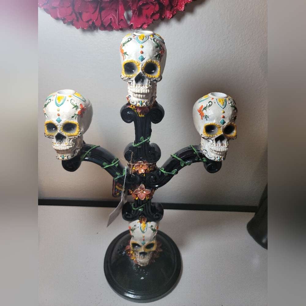 NWT DIA DE LOS MUERTOS Skull Candelabra Gothic Halloween Decor